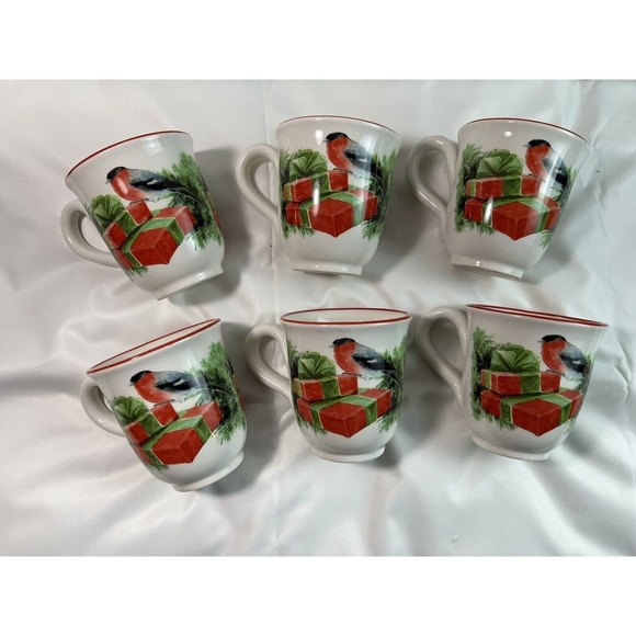 Sets/6 Ceramica Cuore Christmas Mug Red Breasted Bird & Presents Made in‎ Italy - Picture 1 of 7